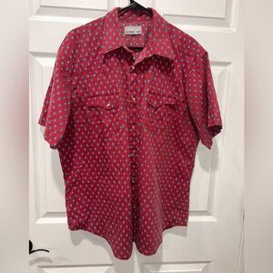 Wrangler Vintage Mens Red Print Short Sleeve‎ Pearl Snap Shirt Size XL
